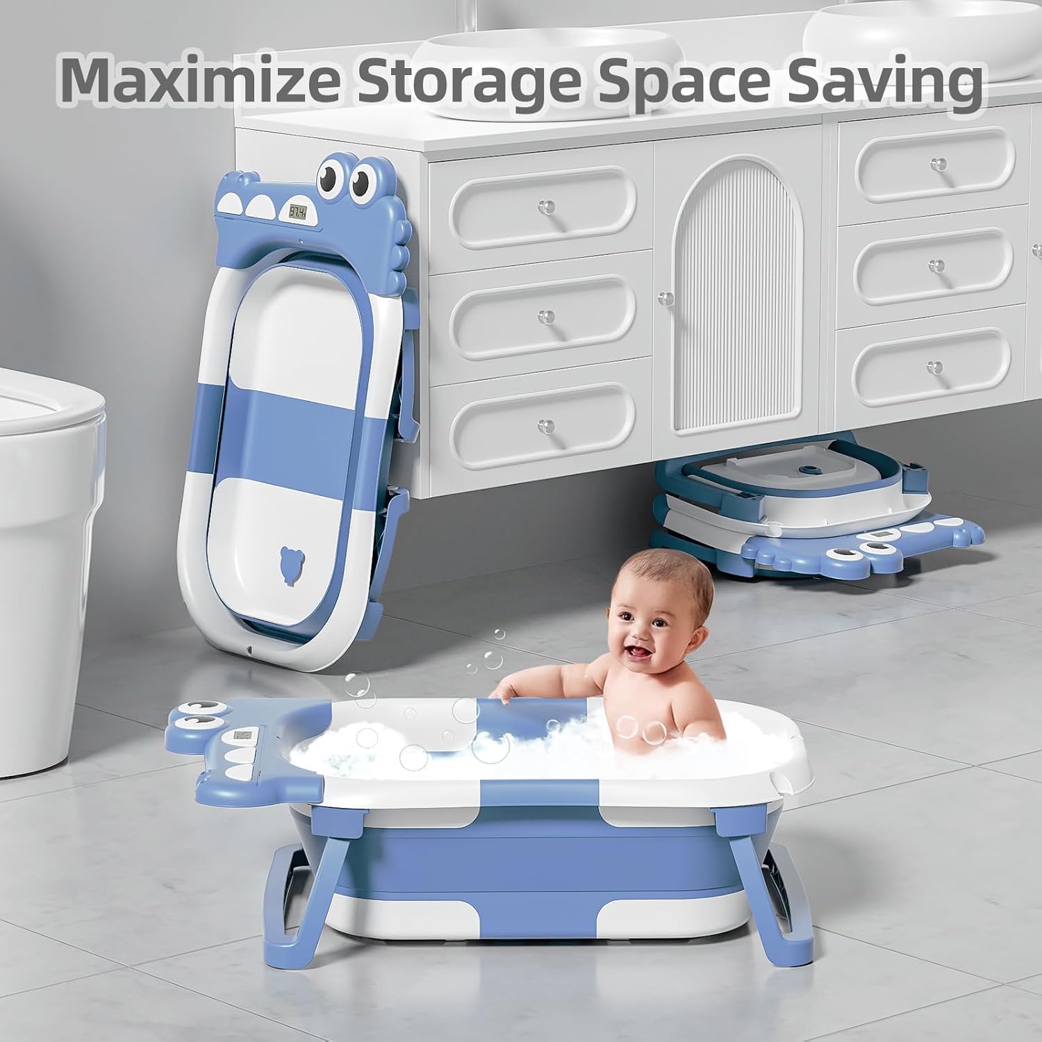 MoreFeel Collapsible Baby Bathtub for Newborn with Thermometer & 1 Hooded Towel & 1 Soft Floating