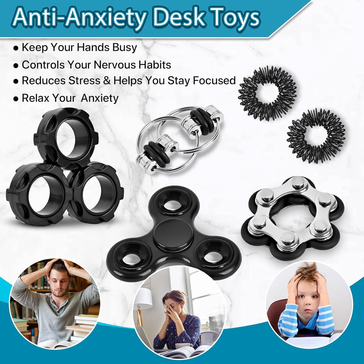 Fidget Toys Adults Pack 6Pcs, EDC Fidgeting Game for Kids Teen Cool Mini Gadget Desk Toys Figette Spinner Figits Rings Classroom ADHD Stress Anxiety Relief Toy Unique Gift for Boys Girls
