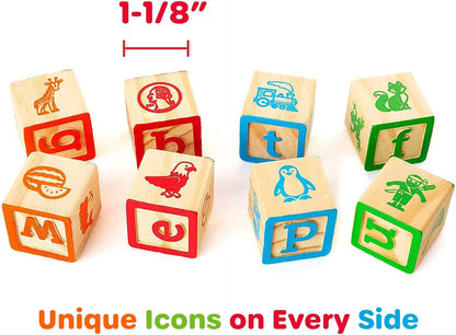 Building Blocks for Toddlers 1-3 Years Old, 30 Large Stackable Wooden Baby Blocks with Alphabet and Number Icons on Every Side, Toy Wagon Included﻿