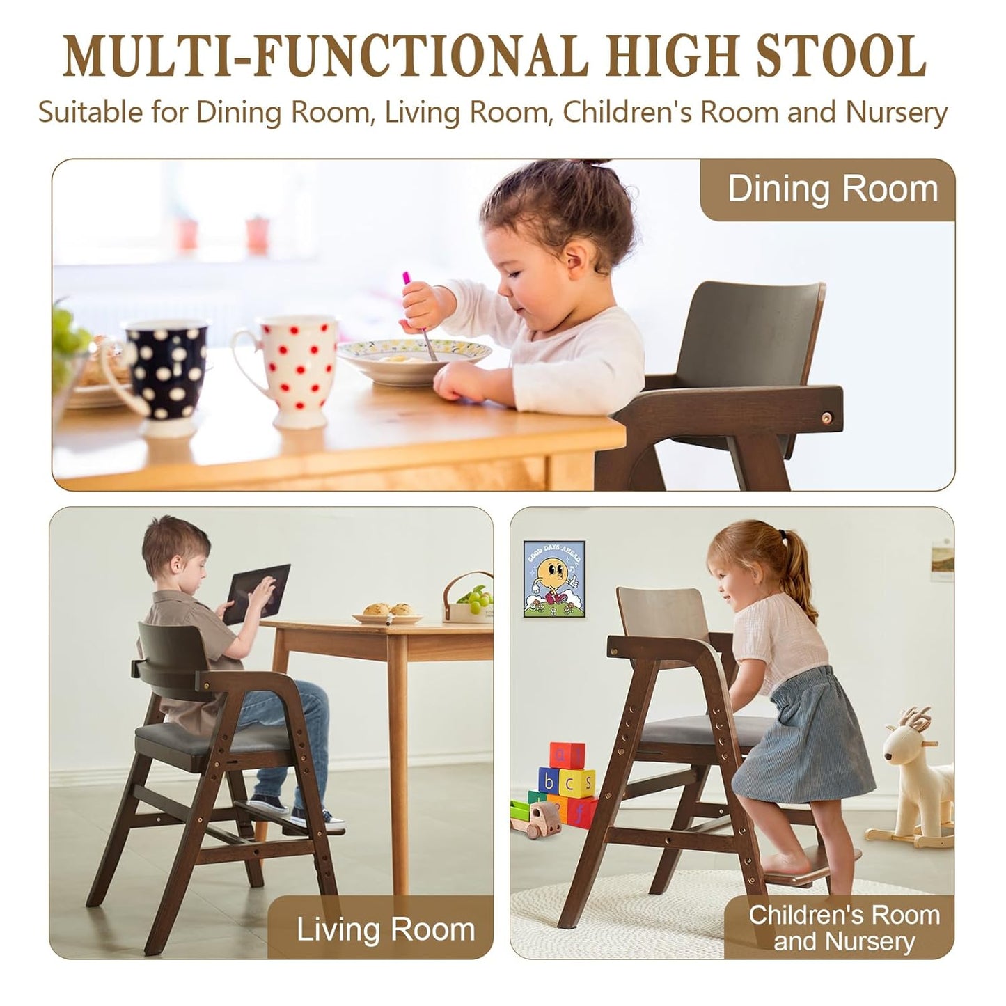Solid Wood High Chair for Toddlers to Teens, Adjustable Height Toddler Dining Chair, Easy to Clean