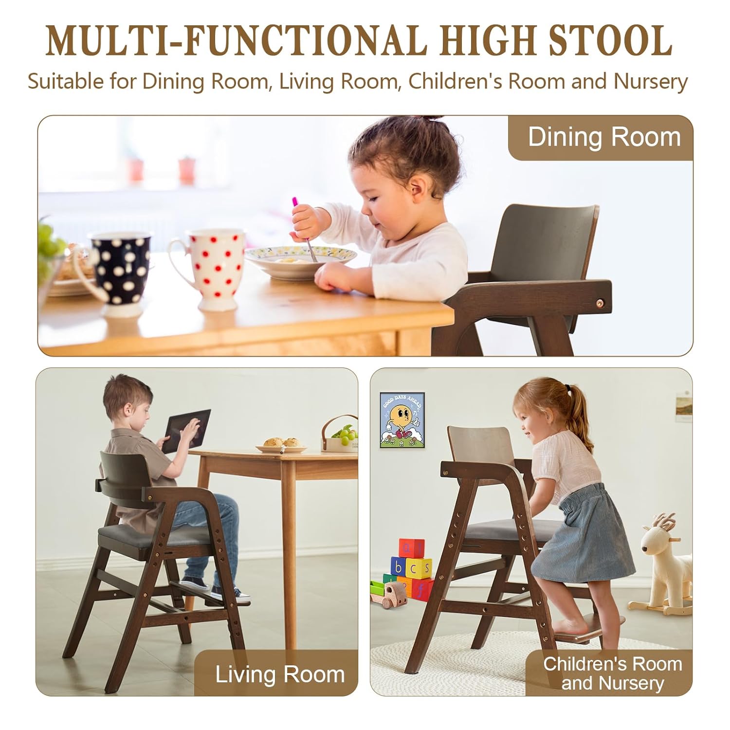 Solid Wood High Chair for Toddlers to Teens, Adjustable Height Toddler Dining Chair, Easy to Clean