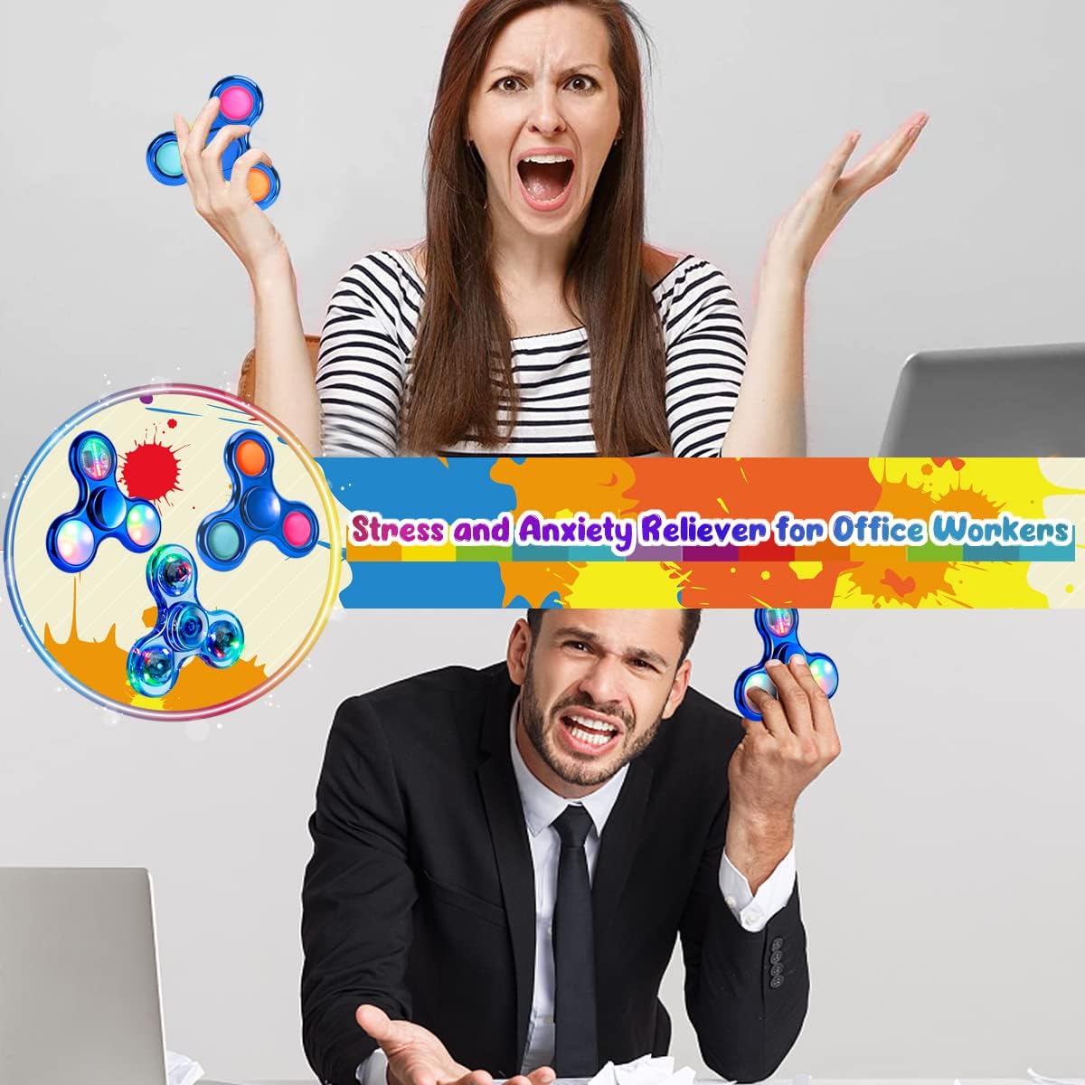 3 Pack Fidget Spinner Toy, Led Light Up Finger Spinner, Push Pop Bubble Fidget Spinner, Hand Spinner for Anxiety Relief and Stress Reduction, Party Favor Gifts for Children