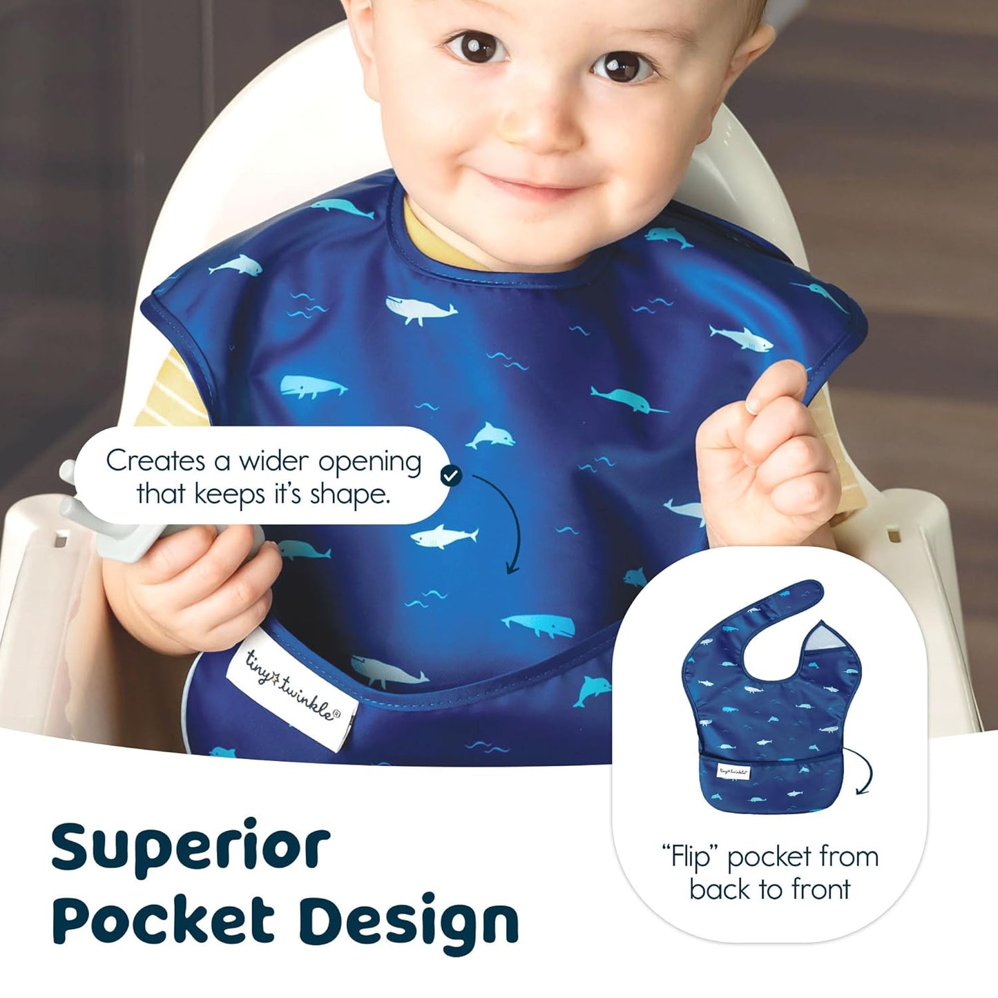 Tiny Twinkle Mess Proof Baby Bibs for Eating - Waterproof, Wipeable Bibs - Toddler Bibs - Travel