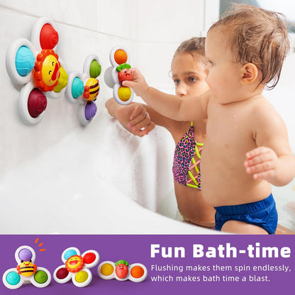 LiKee Strong Suction Cup Fidget Spinnerz Sensory Bath Toys for Baby 12 18 Months Airplane Car Travel Table & Window Toys for 1 2 Year Old Toddler Boys and Girls (Sun)