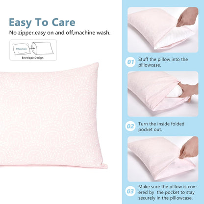 TILLYOU Toddler Pillowcase 2 Pack with Envelope Closure,13" x 18" Silky Soft Microfiber Travel Kids Pillowcase for Boys and Girls, Lucky Pony Peace Dove&Big Pink Flower