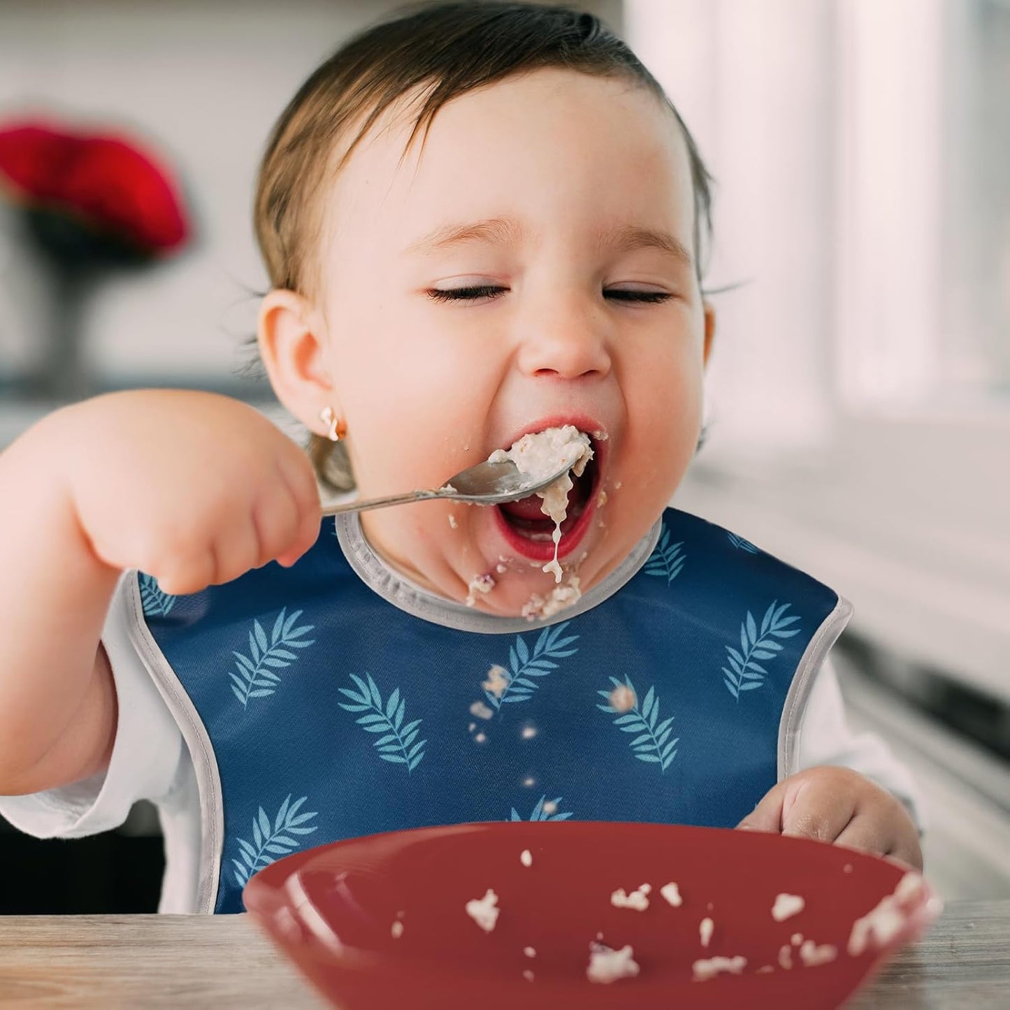 Mess Proof Baby Bib 3 Pack, Waterproof Led Weaning Baby Feeding Bibs with Food Catcher, Travel