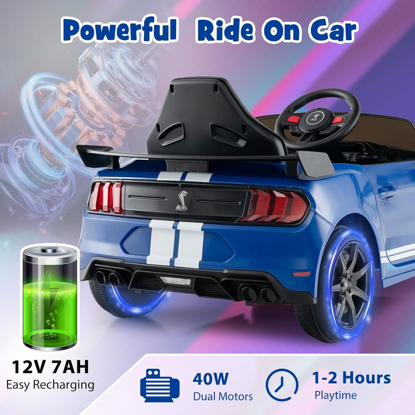Costzon Ride on Car, 12V Licensed Ford Mustang Shelby GT500 Kids' Electric Vehicles w/Remote Control, USB Port, Radio, Music, Player, High Low Speed & Soft Start, Racing Kids Car for Toddler (Blue)