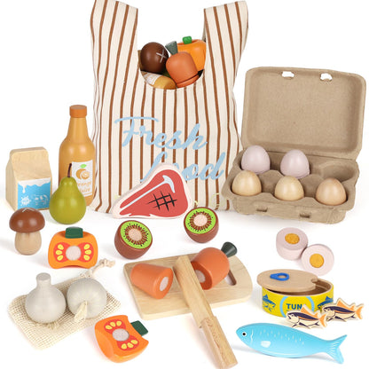 Lehoo Castle Wooden Play Food Sets for Kids Kitchen, Pretend Play Grocery