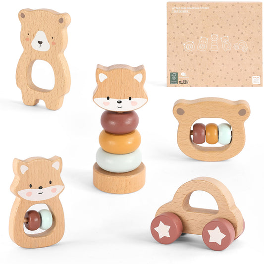 FReniland Wooden Montessori Toys, 5-Piece Wooden Baby Toys, Bear Baby Rattle, Fox Stacking Ring