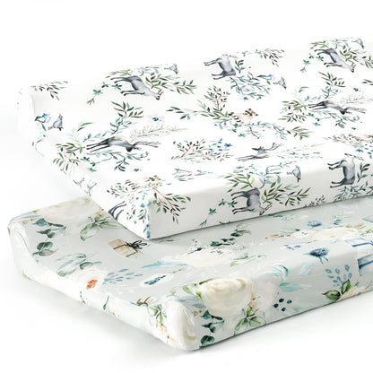 GRSSDER Stretch Ultra Soft Jersey Knit Changing Pad Cover Set 2 Pack, Change Table Pad Covers Fit 32"/34" x 16" Pads Safe and Snug, Pretty Pattern for Boys and Girls