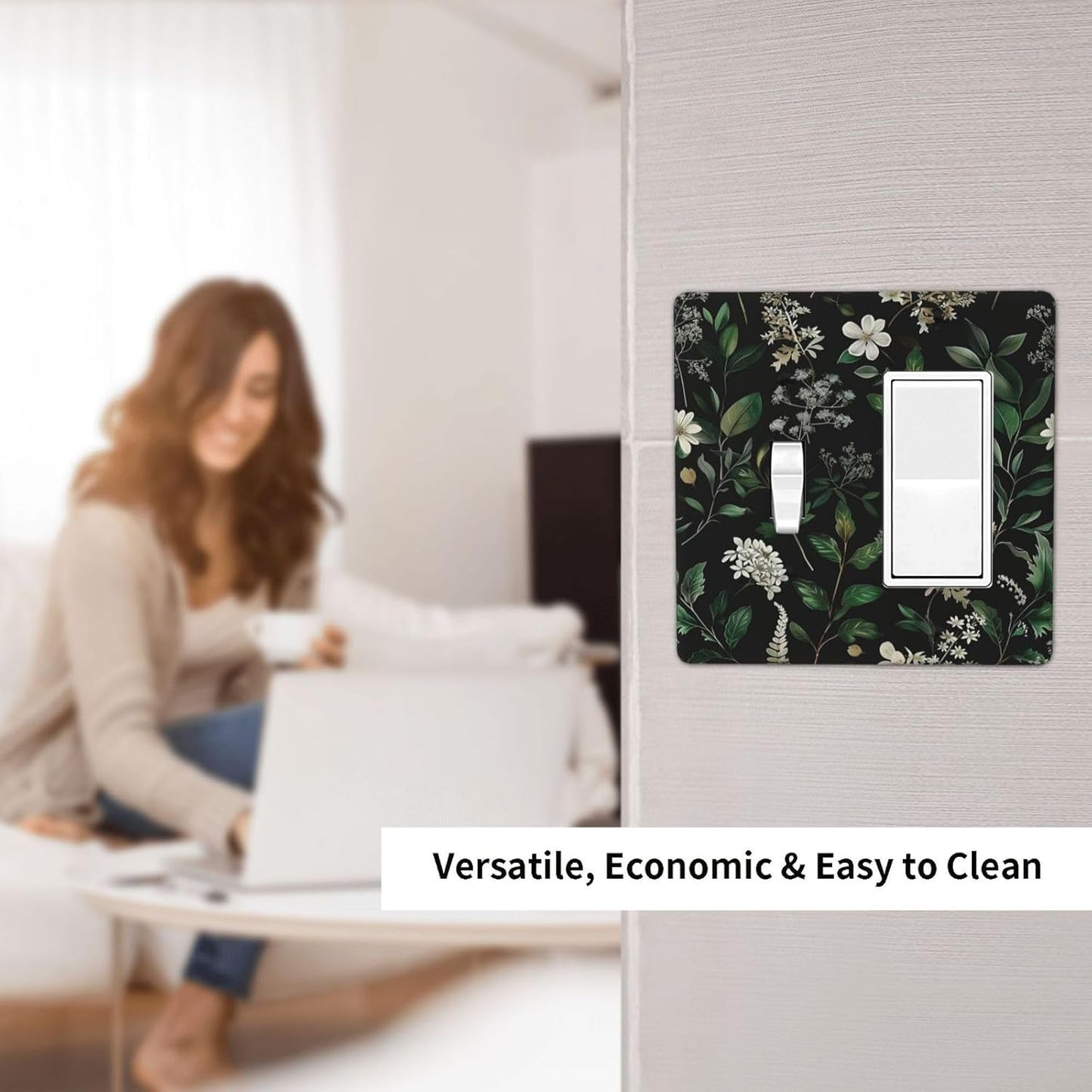 Decorative Outlet Covers Rustic Green Leaves White Flower 2 Gang 1 Gang Wall Plate Cover Single Toggle Rocker Combo Light Switch Cover Plate Face Plate for Country Bedroom Home Decor