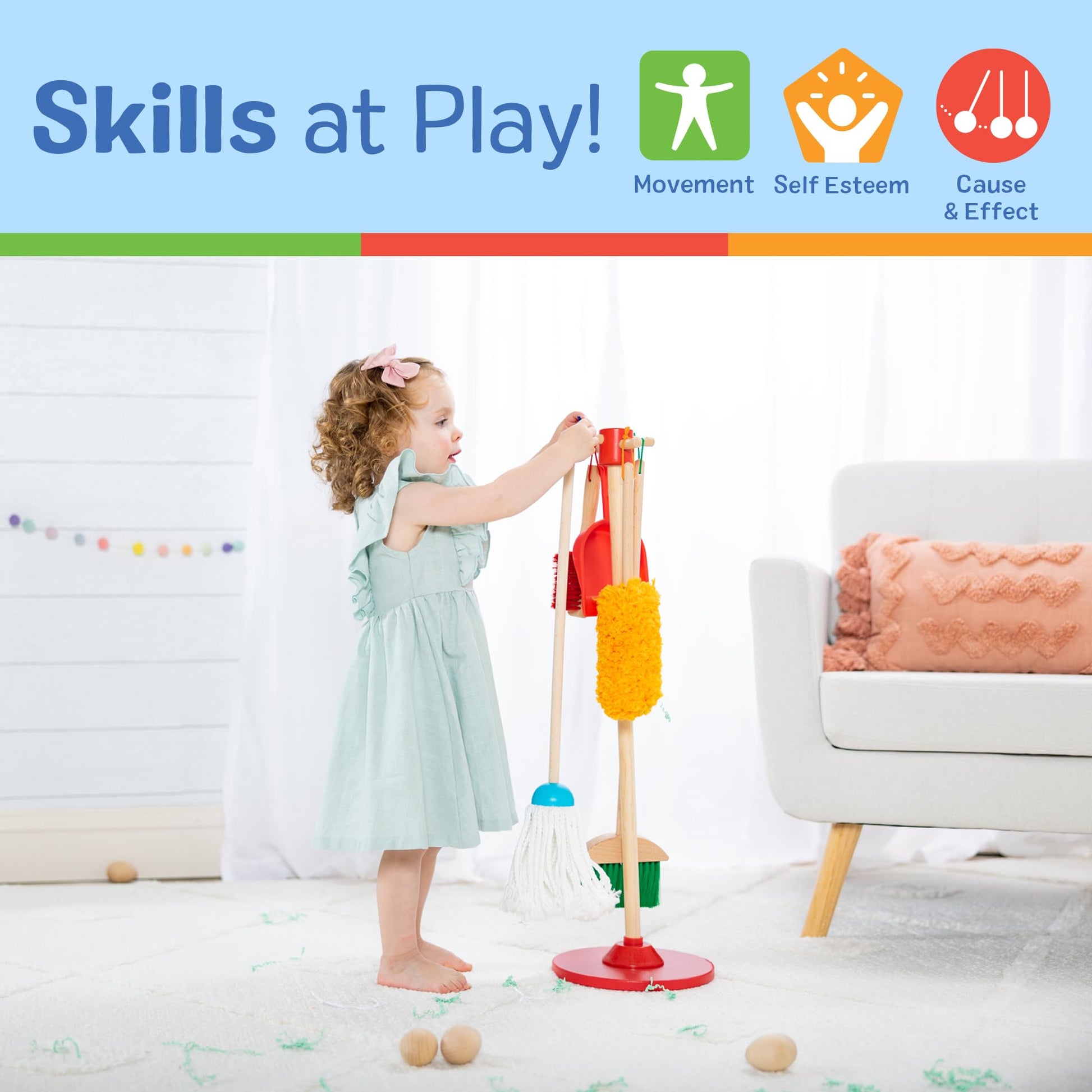 Melissa & Doug Dust Sweep Mop, 6-Pc. Toddler Cleaning Set with Kids Broom & Accessories, Preschool