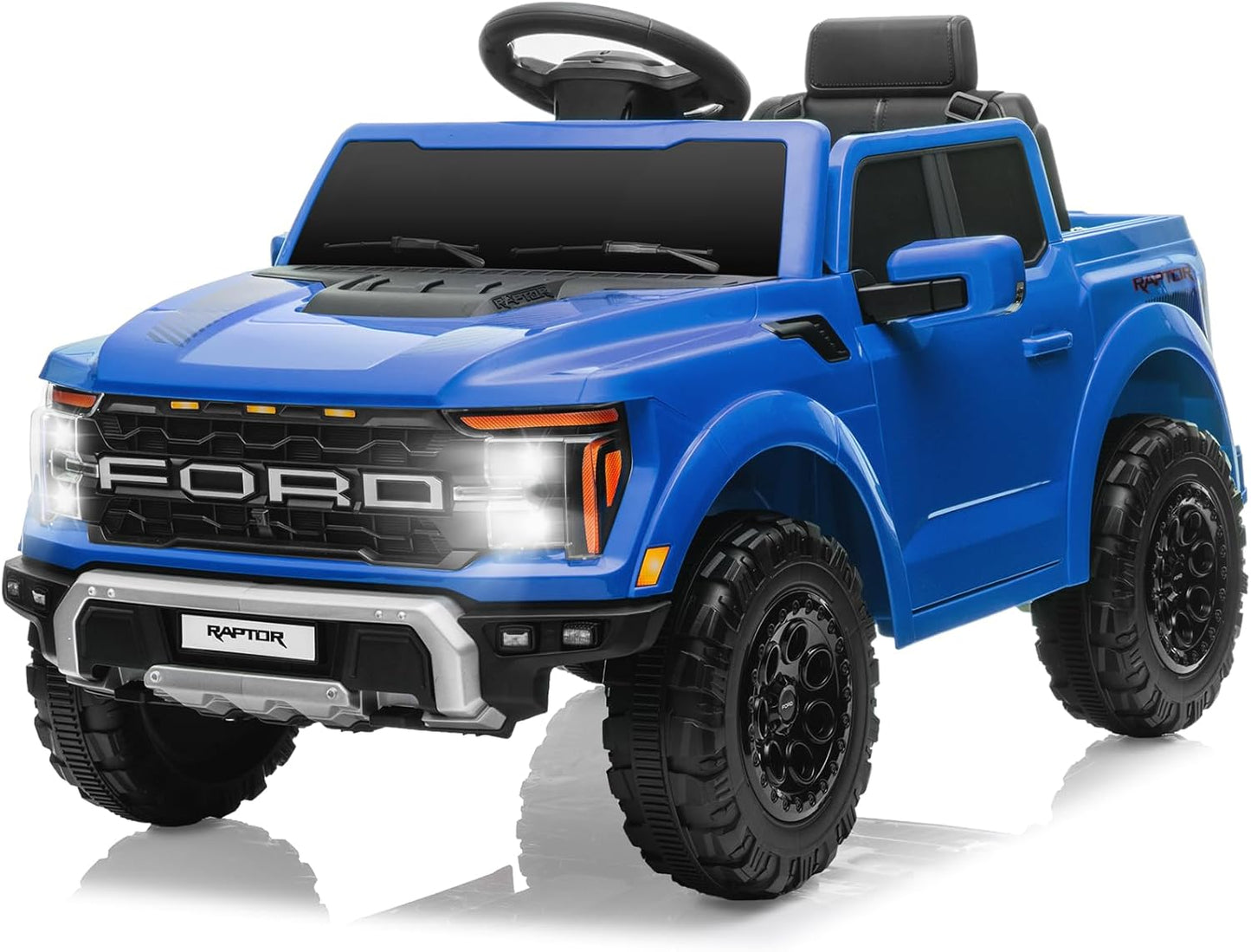 12V Ride on Car Licensed Ford F-150 Raptor, Kids Electric Car with Remote Control, LED Light/Music/MP3, Truck Bed Storage, 3-Point Seat Belt (12V, Blue)
