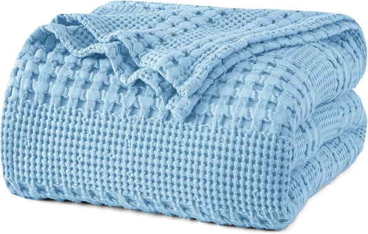 PHF 100% Cotton Waffle Weave Blanket Twin Size, Soft Lightweight Breathable Cozy Summer Blankets for Bed, Luxury Aesthetic Woven Bedding for Home Decor, 66"x90", Sky Blue