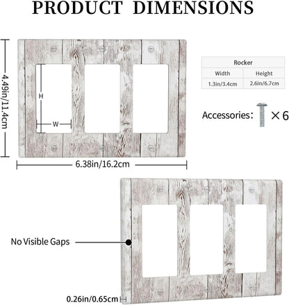 Light Switch Covers Rustic Vintage White Wood Grain 3 Gang Rocker Electrical GFCI Decorative Triple Outlet Wall Plate Cover Switchplate for Farmhouse Home Decor