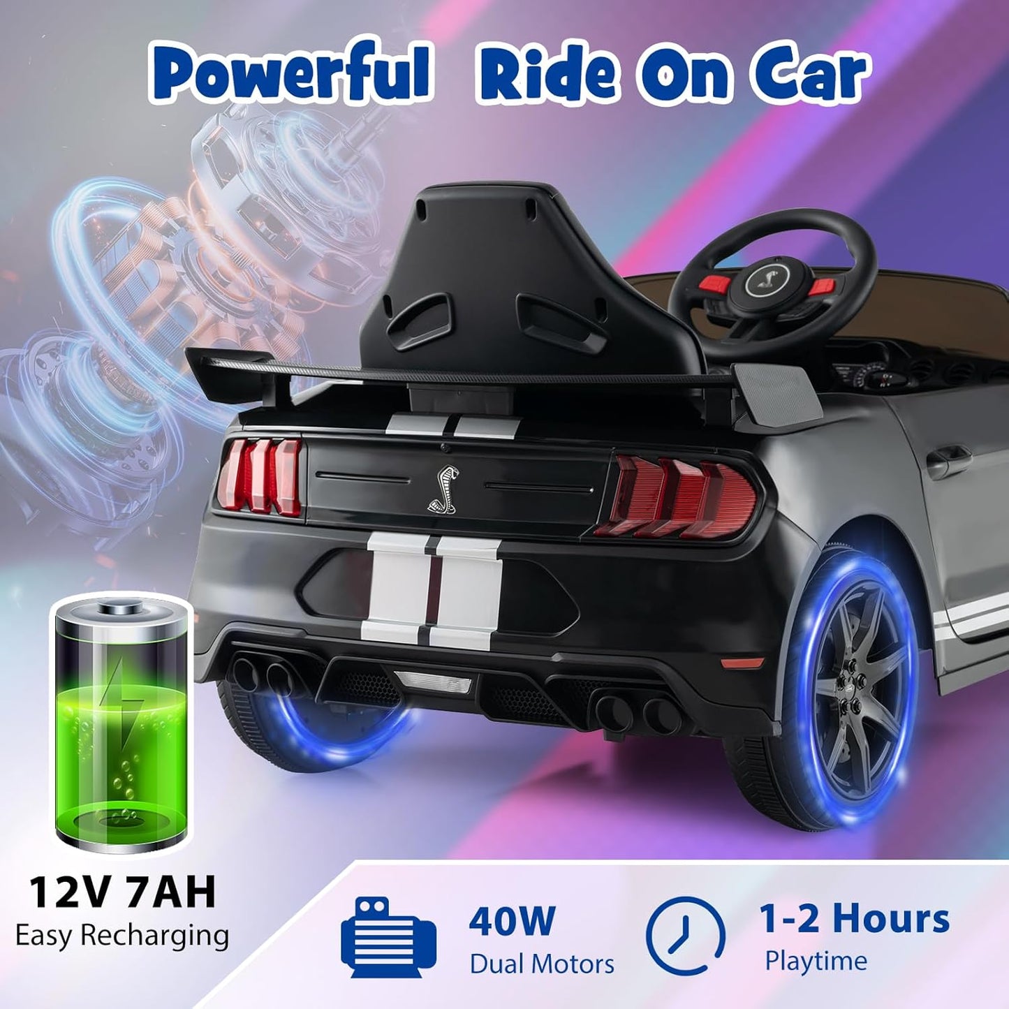 Costzon Ride on Car, 12V Licensed Ford Mustang Shelby GT500 Kids' Electric Vehicles w/Remote Control, USB Port, Radio, Music, Player, High Low Speed & Soft Start, Racing Kids Car for Toddler (Black)