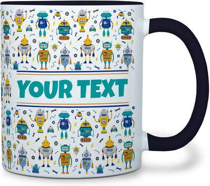 Personalized Mug for Kids - Robots - Custom Name/Text, Ceramic Hot Chocolate/Cocoa/Coffee Cup for Boys, Birthday/Christmas/Holiday Gift - 11 oz, Black Handle