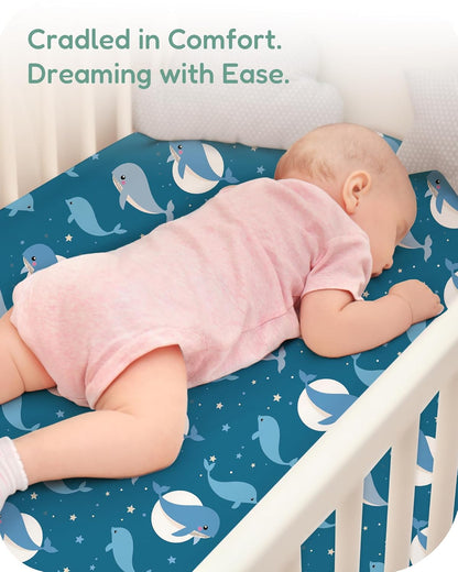 Baby Crib Sheets for Standard Crib Mattress - Navy Whale+Blue, Ultra Soft Jersey Knit, Breathable