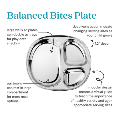 Ahimsa Stainless Steel Plates for Kids - Divided Plates for Toddlers, Pediatrician Designed, Non Toxic Toddler Plate, Camping Plate, BPA Free & Dishwasher Safe (Set of 4)