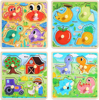 GRINNNIE Wooden Toddler Puzzles, 1 2 3 Years Old Learning Montessori Peg Puzzle Toy Set for Toddlers, 4 Pcs Educational Portable Size Travel Knob Puzzle Toys, Gift for 1-3 Boy Girl Birthday Christmas