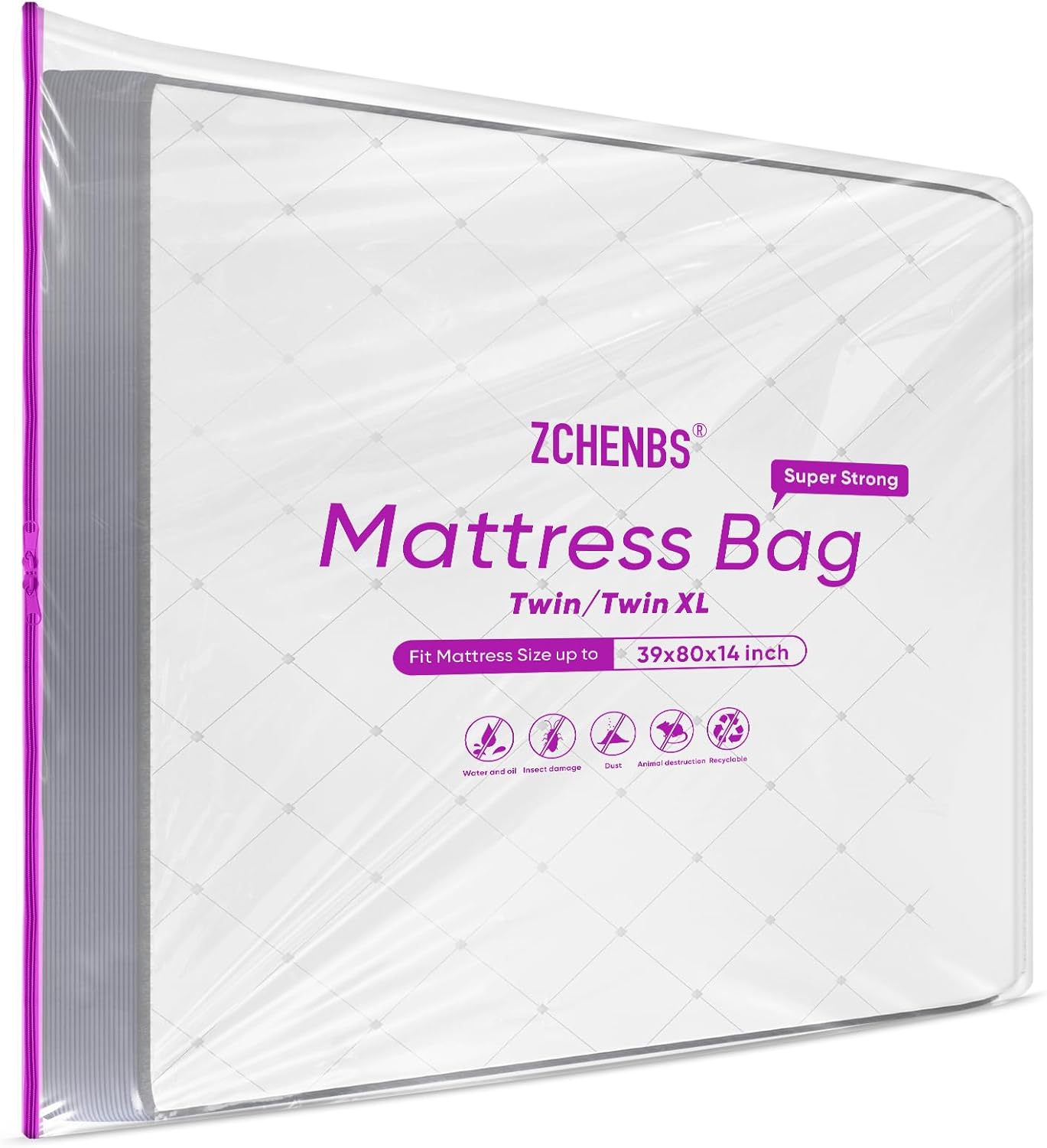 ZCHENBS® – Mattress Bags for Moving and Storage,Mattress Bag with Zippers,5 Mil Ultra-Thick Bed Bag,Waterproof,Anti-Tear,Heavy-Duty Mattress bag (Tansparent/Purple, Twin/Twin XL-(1 Pack))