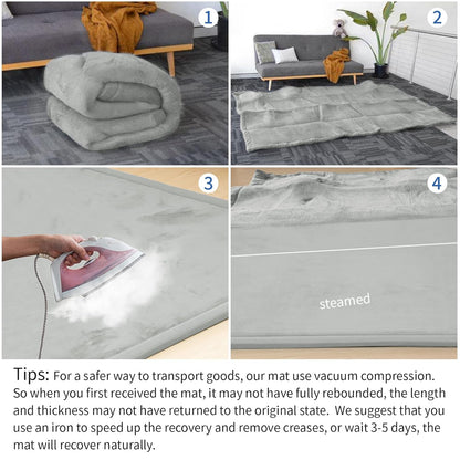 Play Mat for Babies Toddlers,1.3" Thick Elasti-Foam Anti-Fall Cushion Mat for kids Room,28×72 Bedroom Bedside Rugs,Water-Repellent Soft Coral Velvet,Non-Slip(Light Grey)