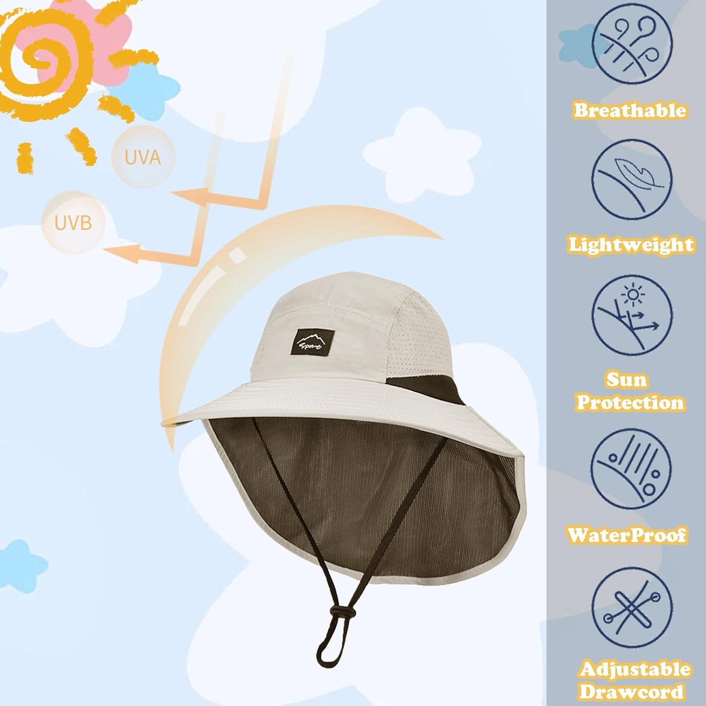 Outdoor Kids Sun Hat with Neck Flap UPF 50+ Quick Dry Beach Hats for Baby Boys Girls Age 2-12 Years Adjustable