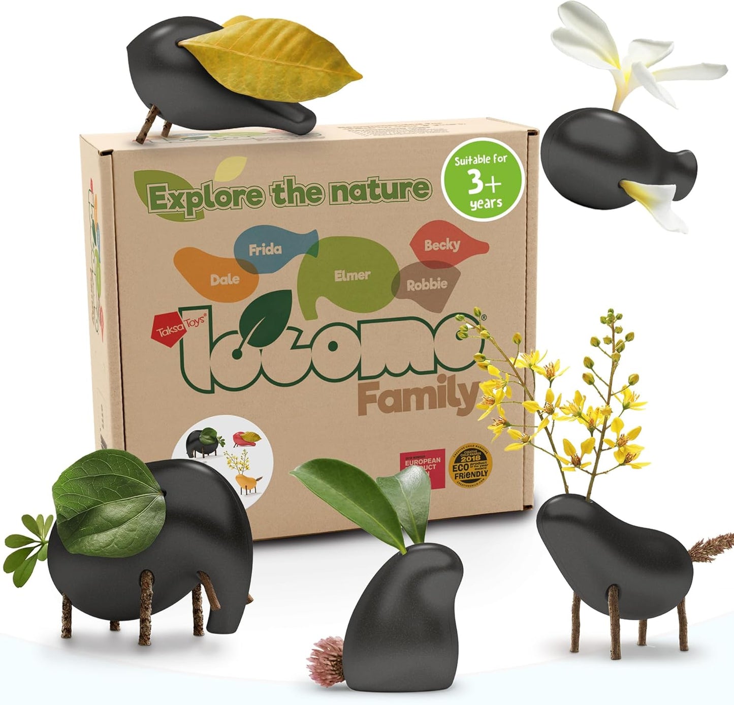 Taksa Toys Locomo Family Black Edition Waldorf Montessori Toys Wooden Animal Figures for Outdoor-Loving Kids, Trigger Boys Girls Creativity, Sensory Toddler Toys for Ages 3 4 5 6 7+ Olds (Set of 5)