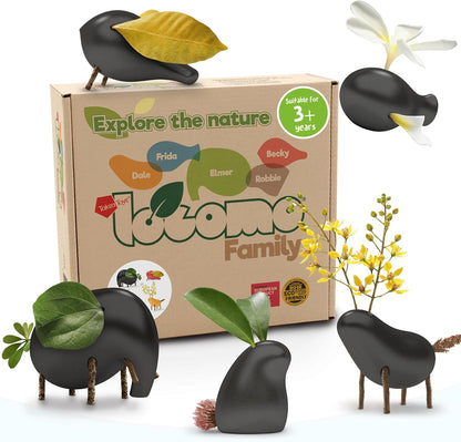 Taksa Toys Locomo Family Black Edition Waldorf Montessori Toys Wooden Animal Figures for Outdoor-Loving Kids, Trigger Boys Girls Creativity, Sensory Toddler Toys for Ages 3 4 5 6 7+ Olds (Set of 5)