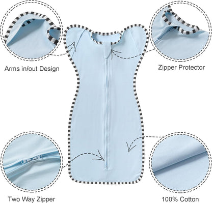 Transition Swaddle, 2 Pack 100% Cotton Baby Sleep Sack, 2-Way Zipper Infant Arm Up Swaddle for Newborn Baby Boys Girls (Blue + Green, M(3-6 Months))