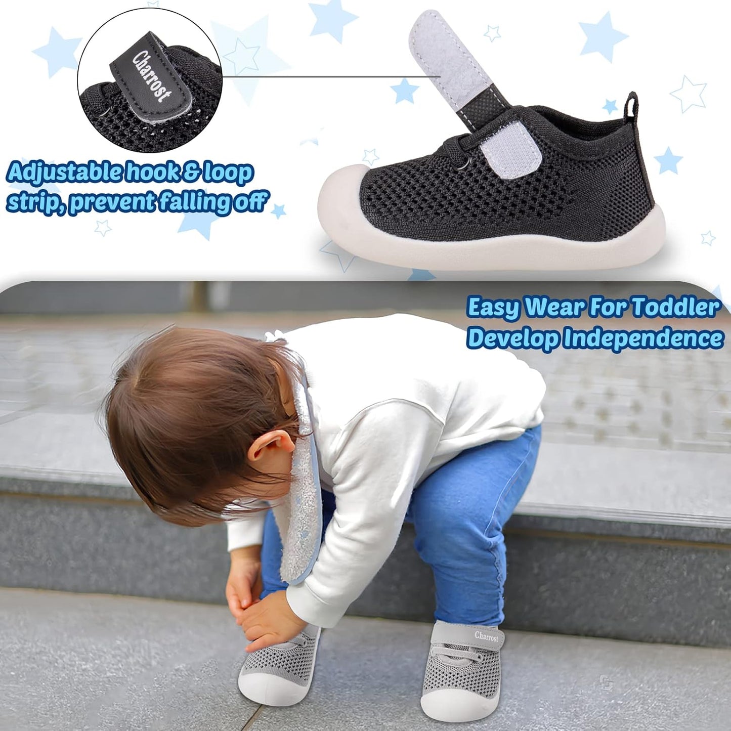 Baby First-Walking Shoes 1-4 Years Kid Shoes Trainers Toddler Infant Boys Girls Soft Sole Non Slip Cotton Canvas Mesh Breathable Lightweight TPR Material Slip-on Sneakers Outdoor