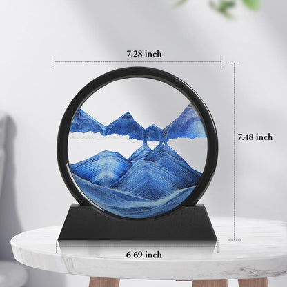 KPNUWN Moving Sand Art Liquid Motion, 3D Deep Sea Sandscape Color Quicksand Decor, Round Glass Moving Sand Art Picture Relaxing Desktop Home Office Work Decor (7 inch-Blue)