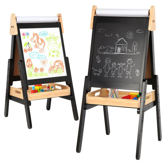 3 in 1 Easel for Little Kids with Wood Tray, Double Sided Wooden Easel with Paper Roll, Magnetic