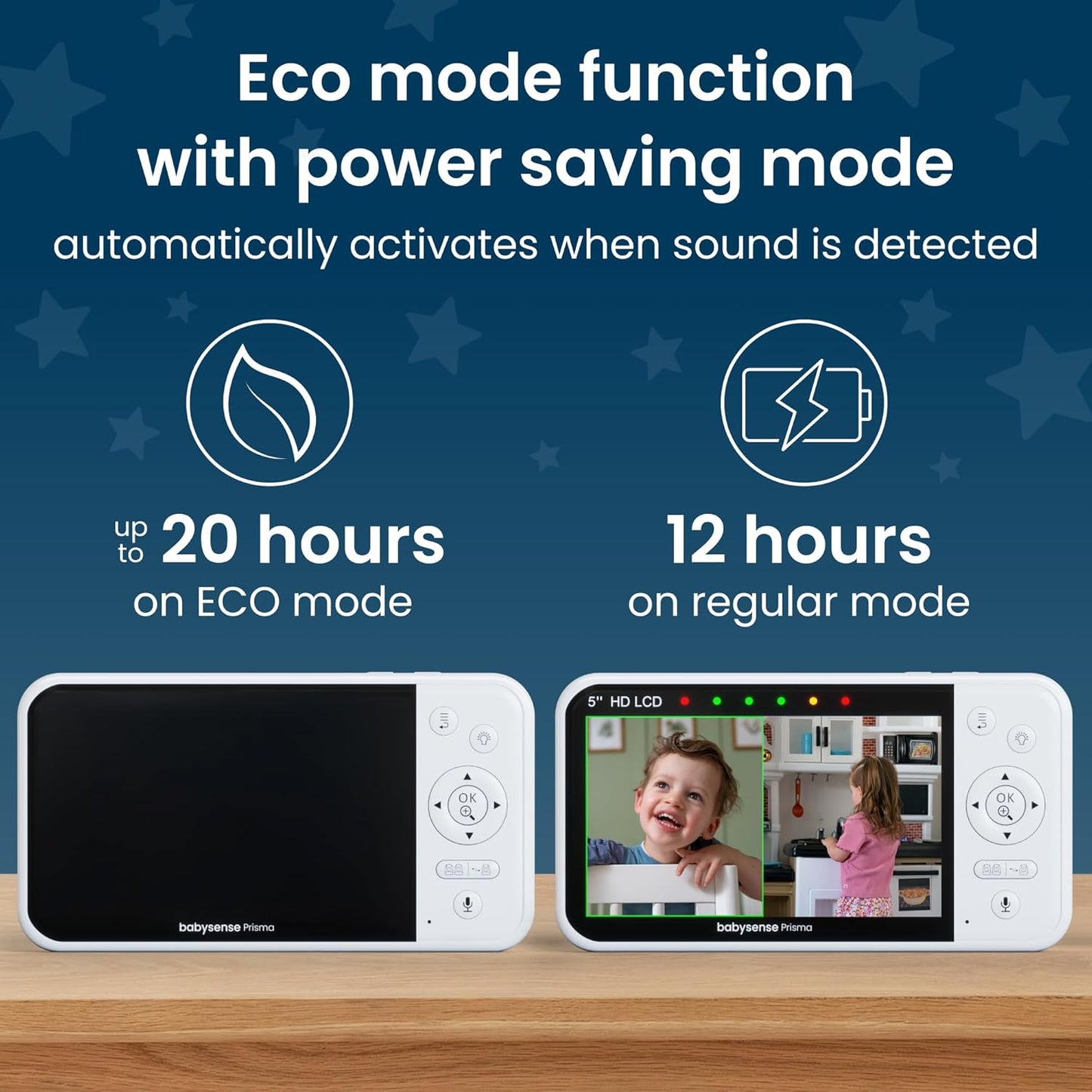 Babysense Prisma Baby Monitor with Camera and Audio, 5” HD Video Baby Monitor with 2 Cameras, 6-Color Night Light, Split Screen, Sound Machine with White Noise & Lullabies, Secure No WiFi