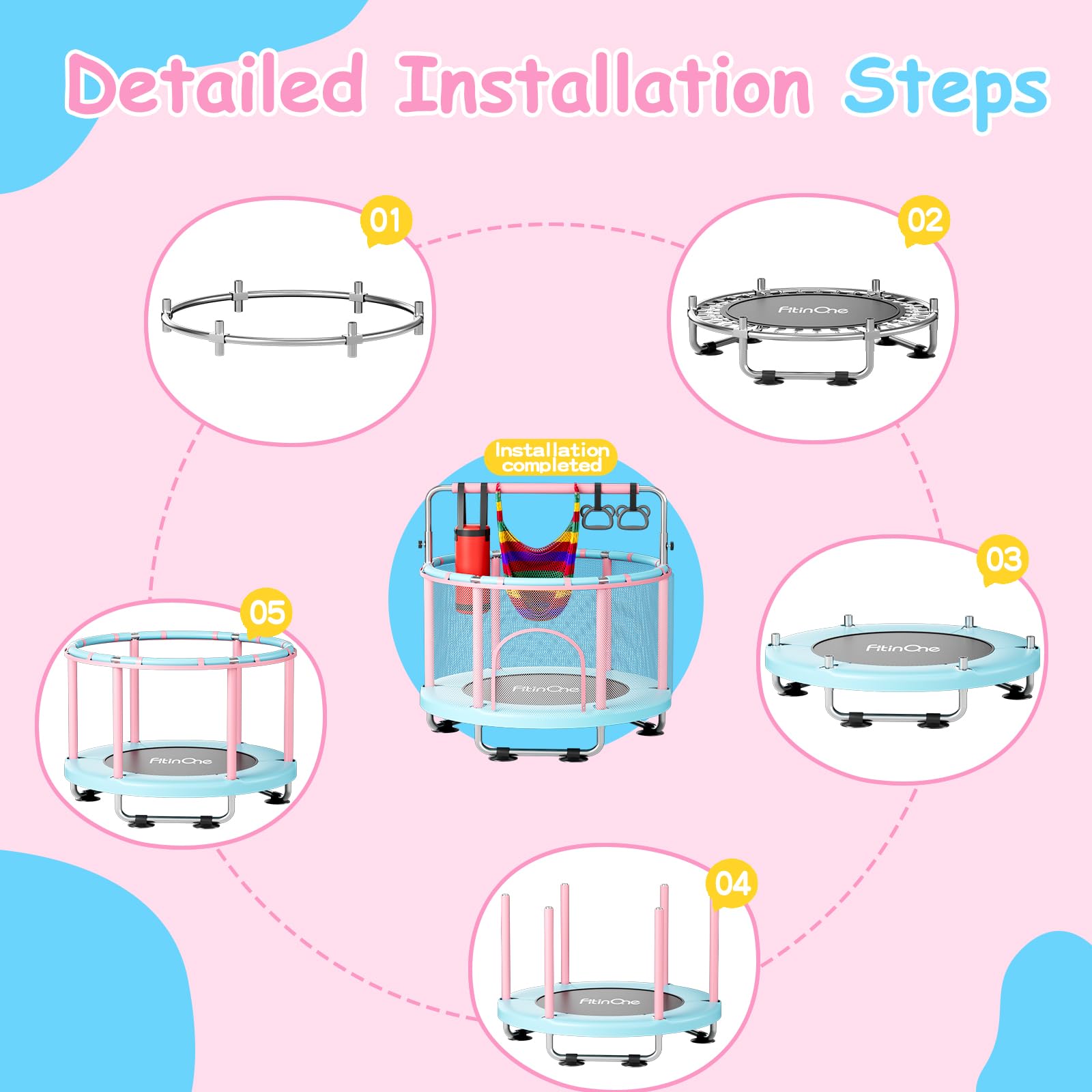 FitinOne 55" Toddler Mini Trampoline for Kids, Indoor Outdoor Toys with Swing, 440lbs Baby Kids
