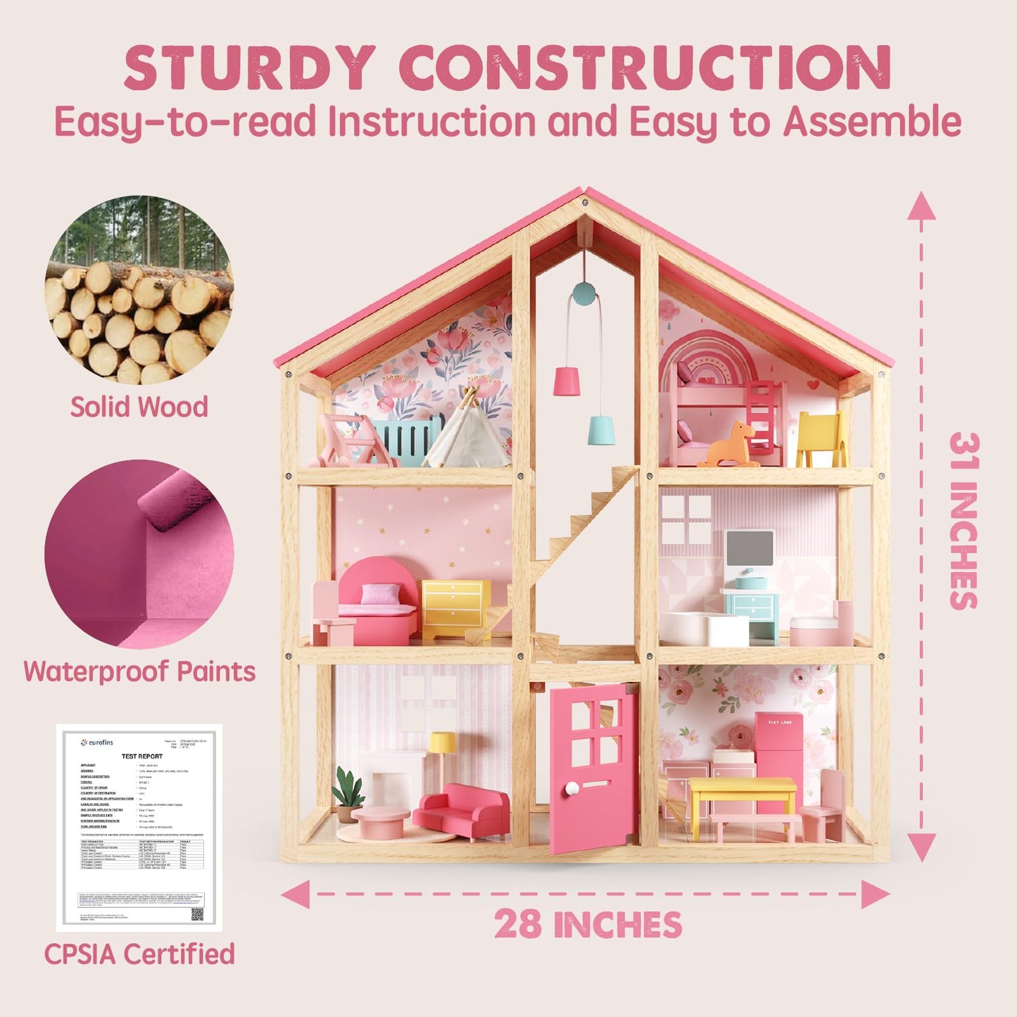 Tiny Land Wooden Dollhouse for Girls - 6 Rooms Wooden Doll House