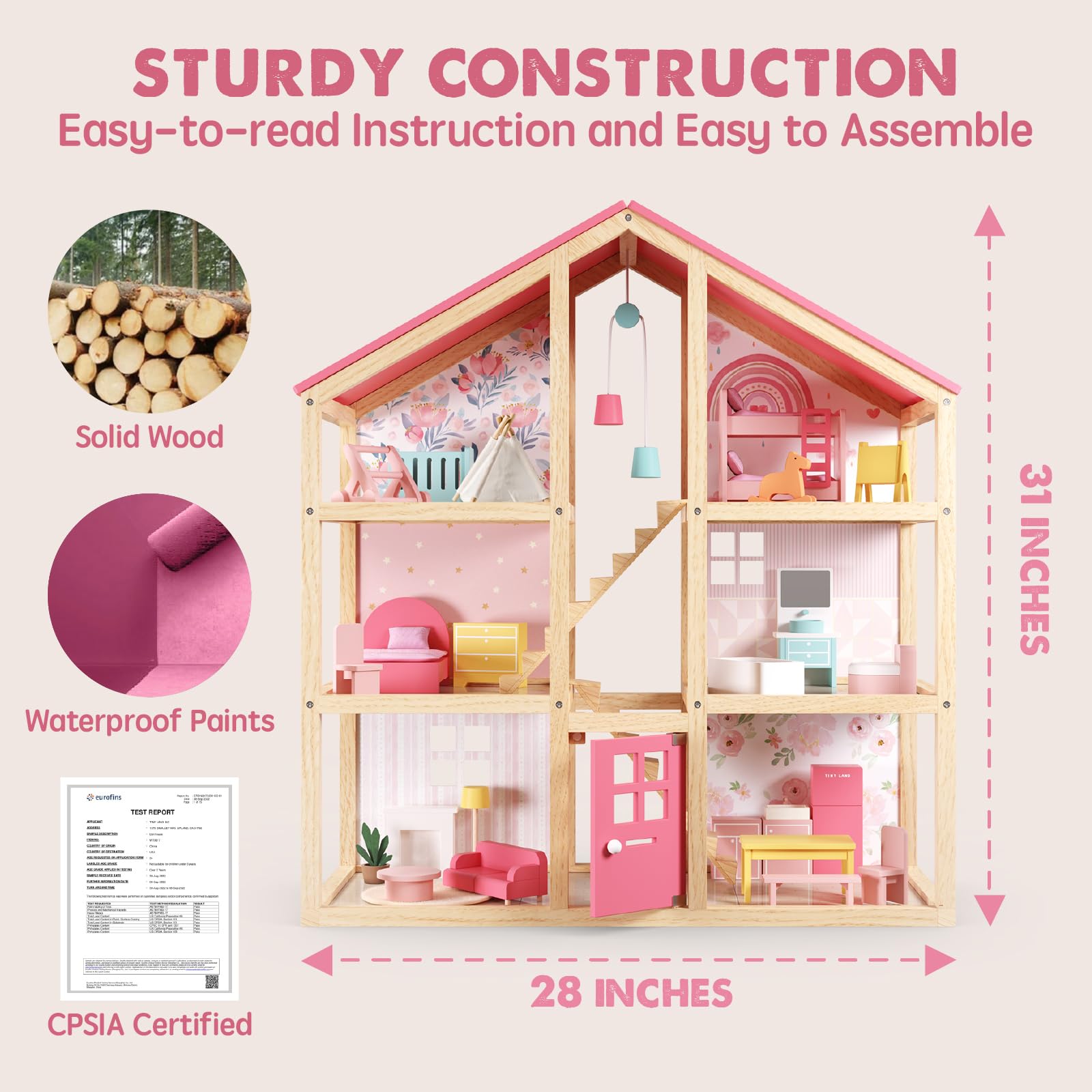 Tiny Land Wooden Dollhouse for Girls - 6 Rooms Wooden Doll House