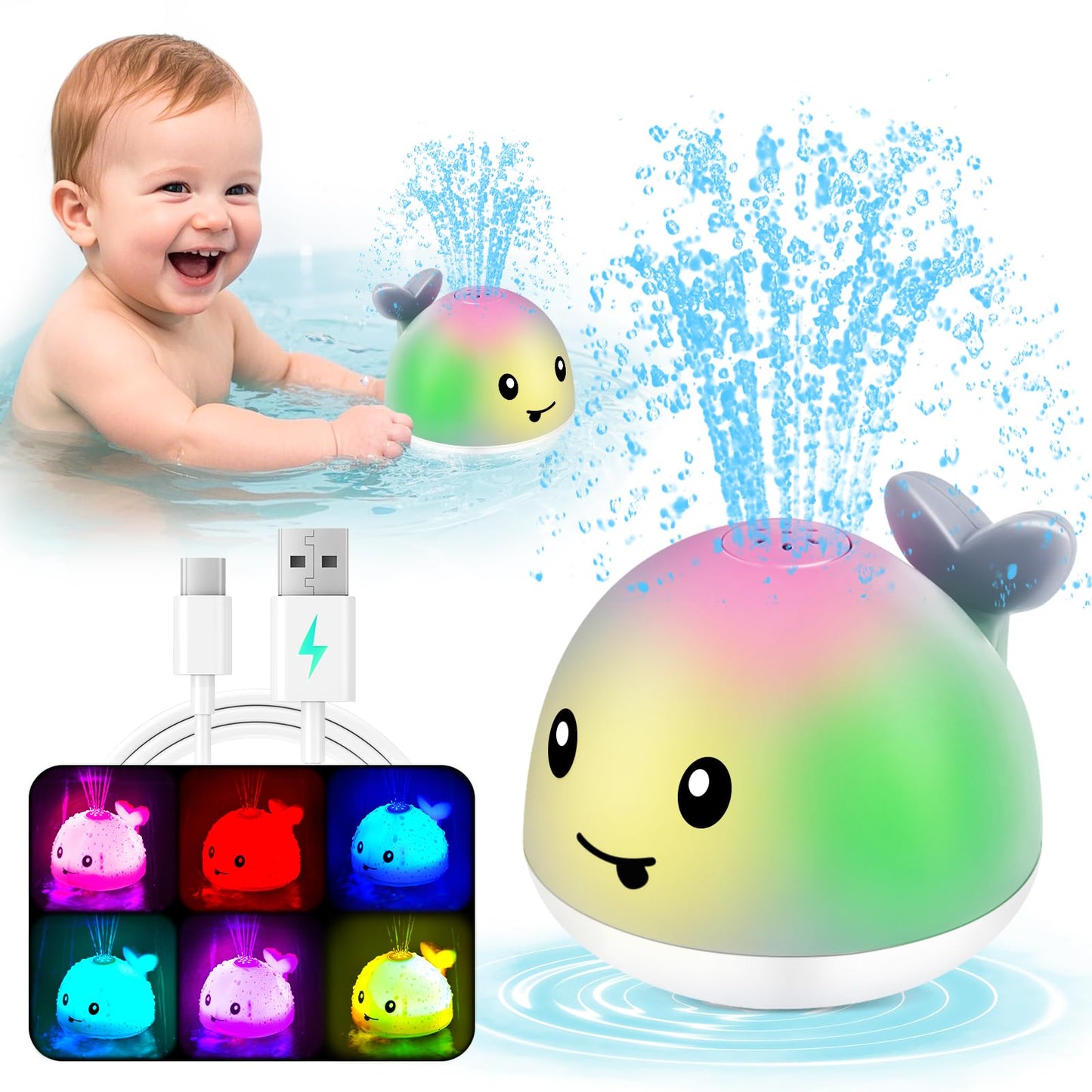WAVISA Whale Bath Toy Sprinkler, Light Up Baby Bath Toys for Kids