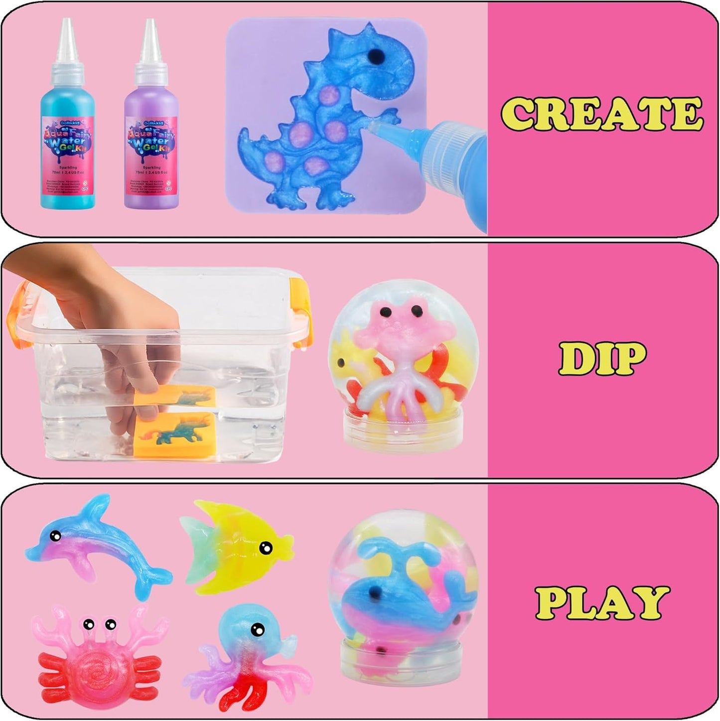 Magic Water Elf Toy Kit, 20 Bottles 24 Molds 70ML Aqua Fairy Water Gel Kit with Sparkling Magic Gel Glow in The Dark, Crate Your Own Magic Water Pets Aqua Fairy Craft Kits for Kids