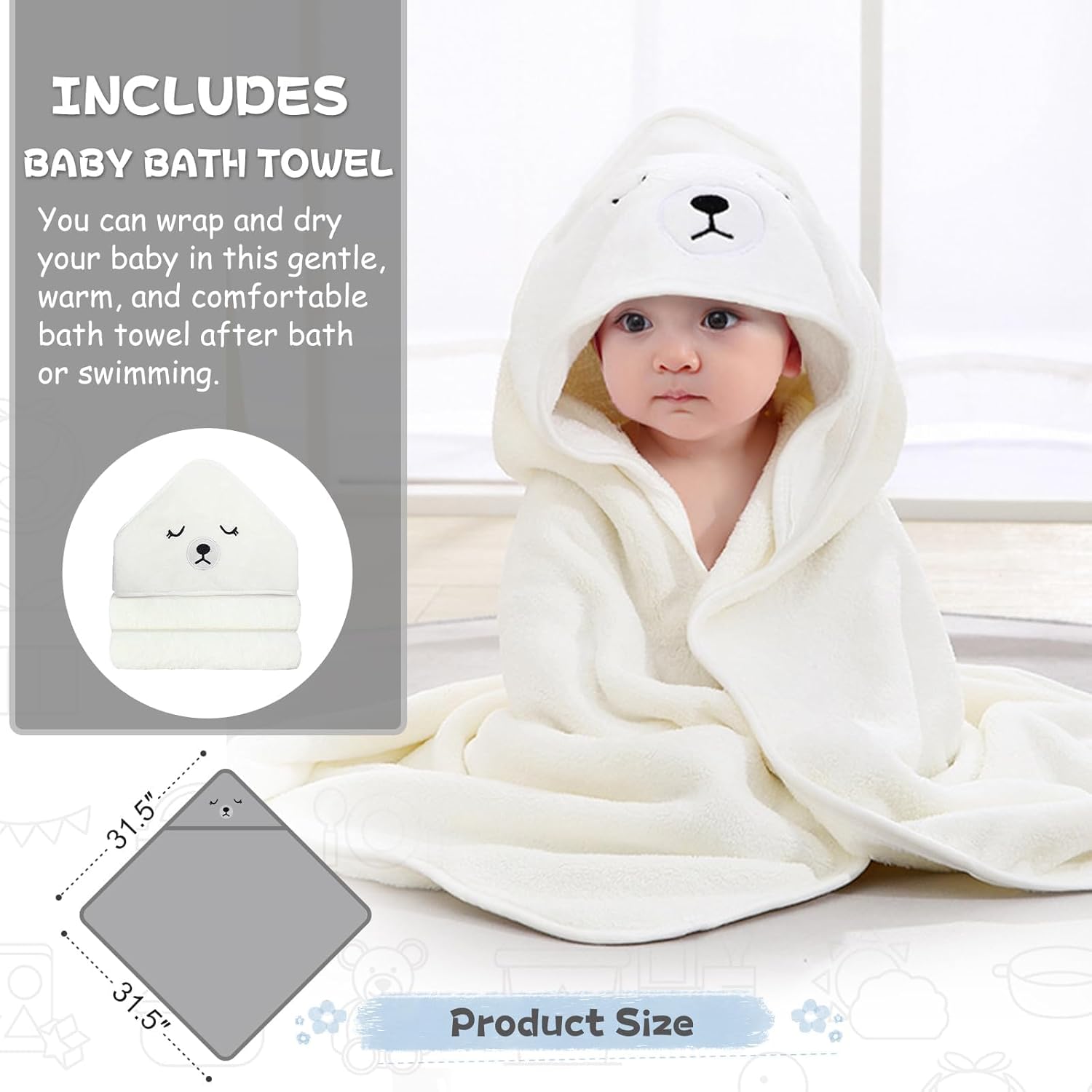 MoreFeel Collapsible Baby Bathtub for Newborn with Thermometer & 1 Hooded Towel & 1 Soft Floating