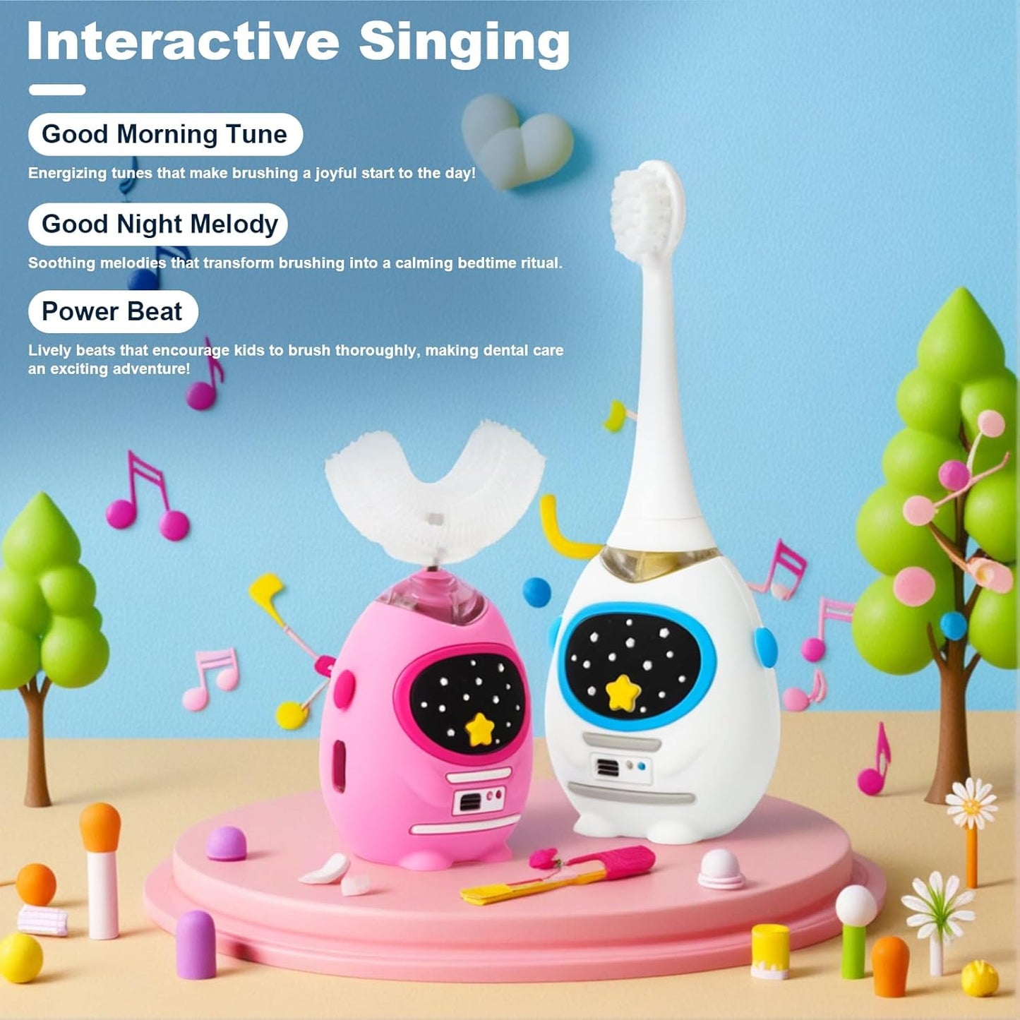 Kids U Shaped Electric Toothbrush with Music, 3 Modes, Voice Teaching, Mouthpiece Cleaning, Soft