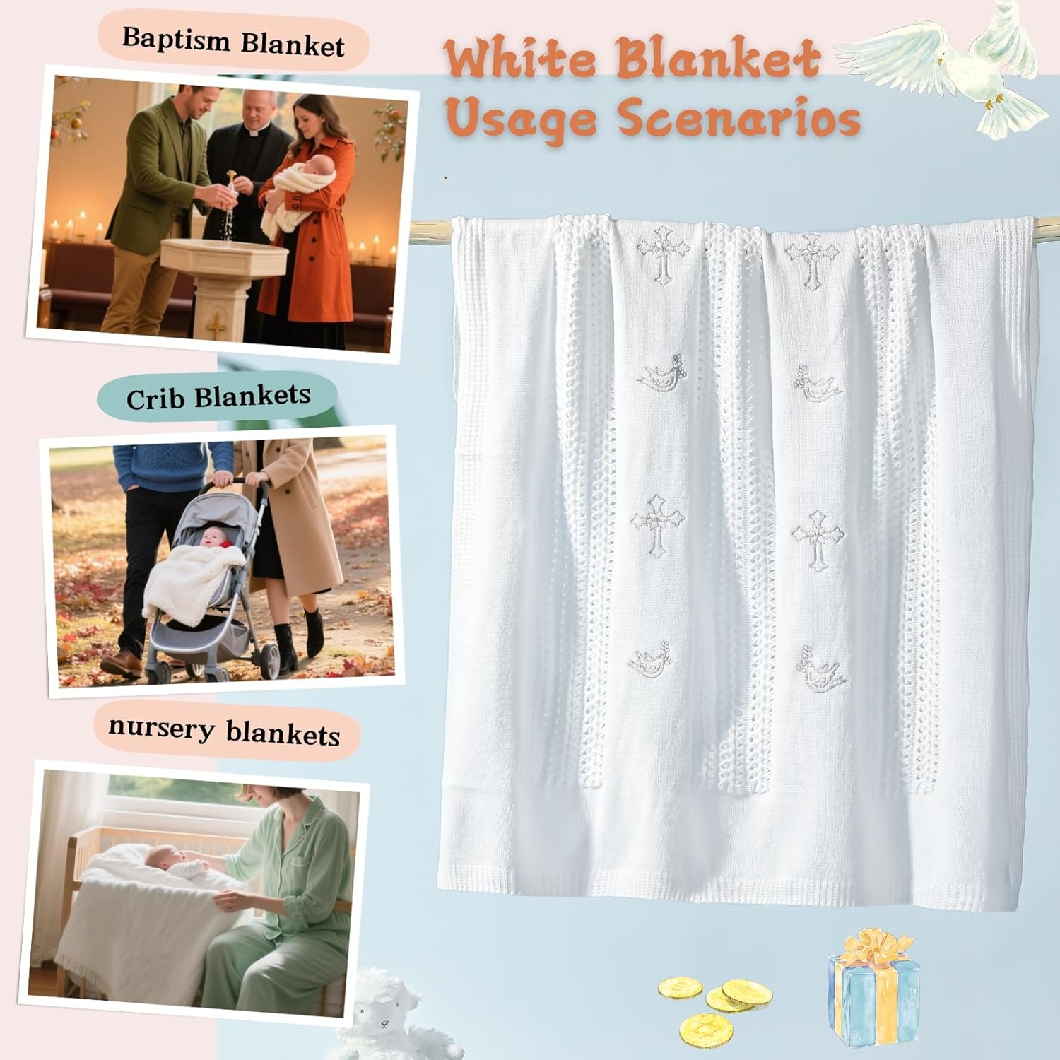 Booulfi Baby Blankets for Boys Girls Baby Receiving Blankets Silver Cross Dove of Peace Embroidery