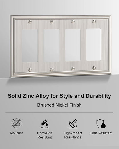 2-Pack Quad Decorator Outlet Cover Plate, Zinc Alloy Brushed Nickel Switch Plates and Outlet Covers, 4 Gang Wall Plates for Electrical Outlets, Receptacle, GFCI Outlet, Dimmer Switch