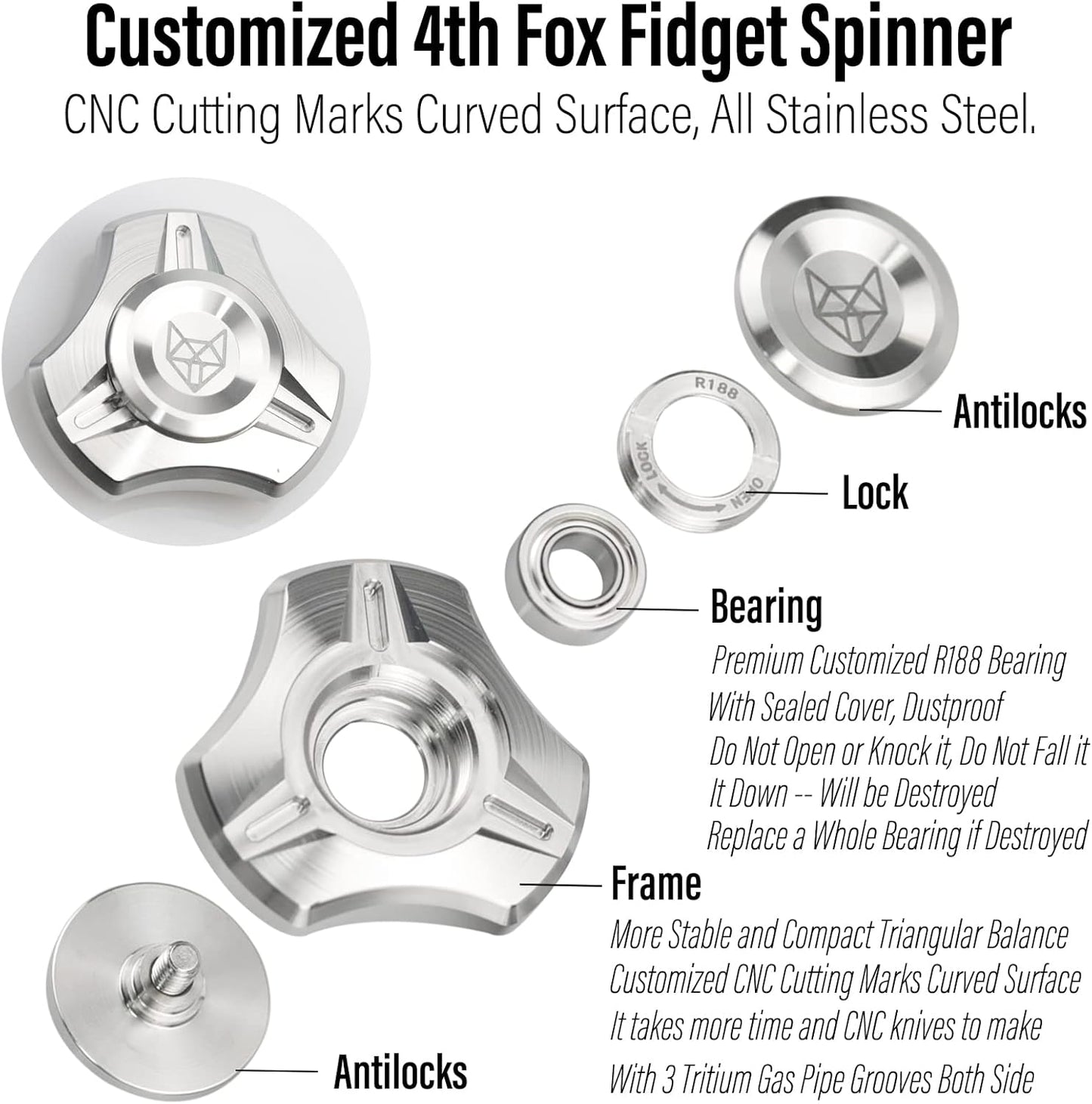 FREELOVE Metal Fidget Spinner, Stainless Steel Heavy, Long Spinning Toys, Cool Silent, Small Mini 4th Fox Figette Spiner for Adults Men Anxiety, Quiet Bearing, CNC Silver