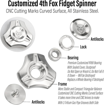 FREELOVE Metal Fidget Spinner, Stainless Steel Heavy, Long Spinning Toys, Cool Silent, Small Mini 4th Fox Figette Spiner for Adults Men Anxiety, Quiet Bearing, CNC Silver