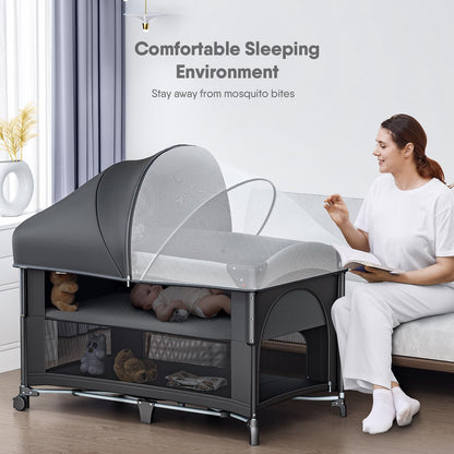 4 in 1 Baby Bassinet, Pack and Play, Bedside Crib Sleeper, Diaper Changer - Comes with Mattress, Mosquito Net，Bottom Storage and Toy Bar for Newborn to Toddles
