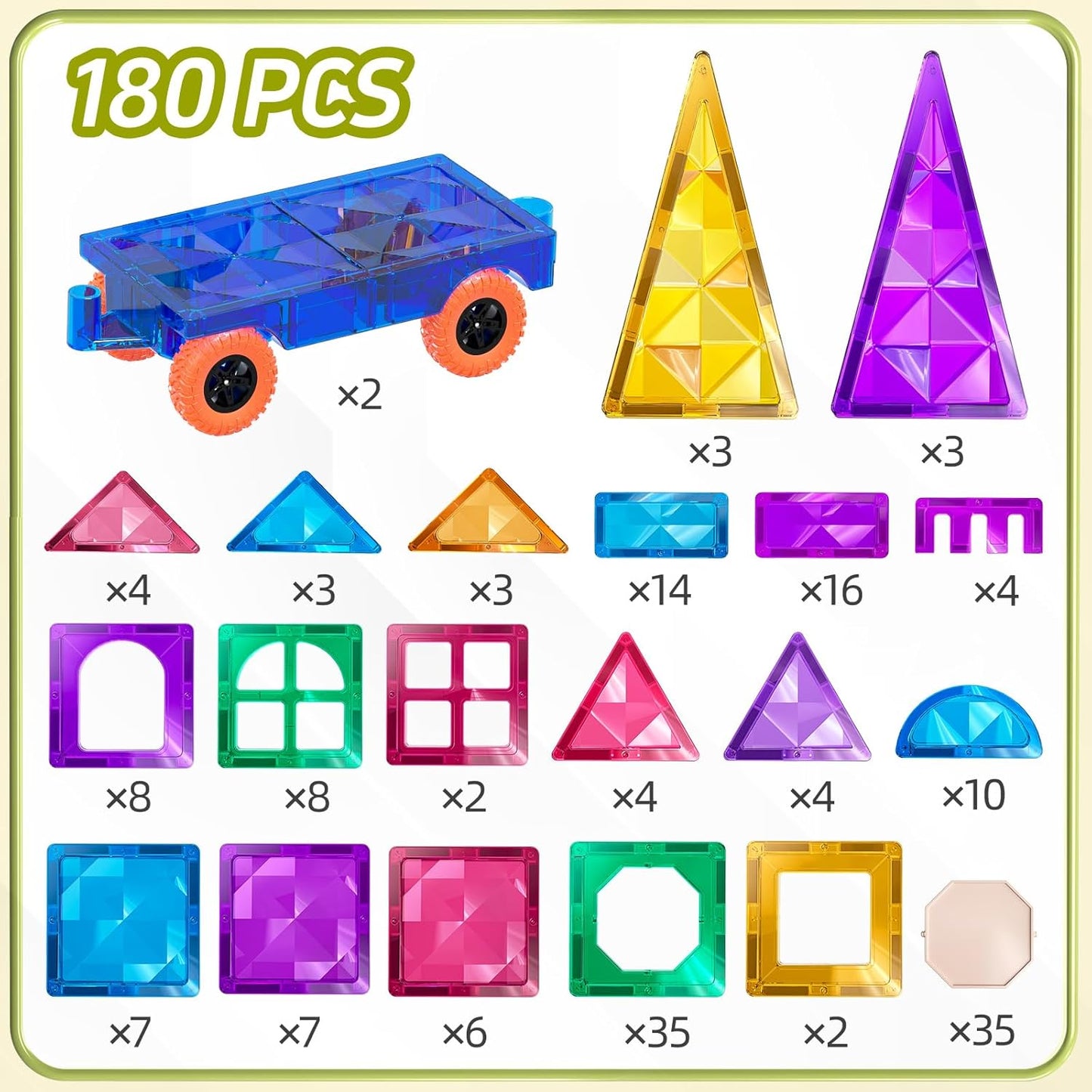 TEMI Magnetic Tiles,Building Blocks, Magnets Building Set, Learning & Education Toys Christmas Toy Gift for Ages 3 4 5 6 7 8+ Year Old Toddler Kids Boys and Girls (Magnetic Tiles-180pcs)