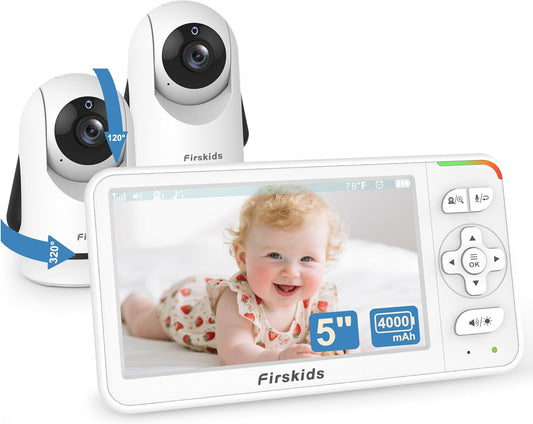 Baby Monitor with 2 Cameras, 5” Video Baby Monitor with Dual Camera and Audio no WiFi, 32-Hour Battery, 2 Way Talk, Temperature Sensor, Auto Night Vision, Ideal for Monitor Baby and Elderly