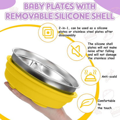 Nuogo 2 Pcs Stainless Steel Baby Suction Plates with Removable Silicone Shell 2-in-1 Metal Toddler Bowl Divided for Picky Eaters Kid Feeding Led Weaning Supply, Dishwasher Safe (Yellow,Purple)