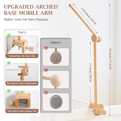 Baby Crib Mobile Arm - Wooden Mobile Arm with Height Adjustable＆360° Rotatable Upgraded Arched Base Nursery Mobile Holder for Crib Mobile Hanger Baby Crib Attachment Nursery Decor